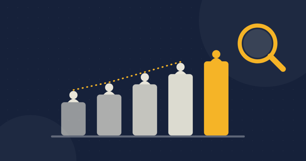 Risques psychosociaux au Québec : ce que montrent les chiffres de la CNESST (2020-2024) Illustration : cinq barres de plus en plus hautes, avec une silhouette de travailleur sur chacune, et une loupe jaune posée sur la plus haute.